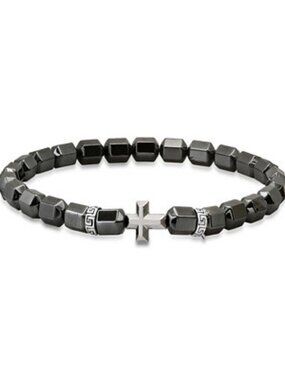 Steeltime Men’s Sterling Silver Cross & Hematite Beaded Stretch Bracelet - NIP